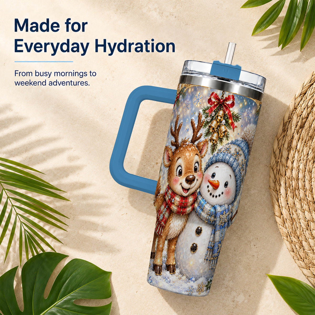 #pl[40oz|Blue] Reindeer Snowman 40oz Tumbler with Handle, Winter Stainless Steel Cup