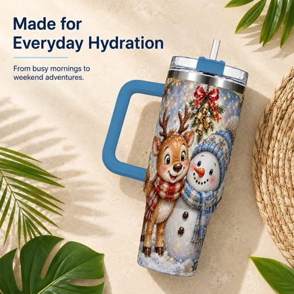 #pl[40oz|Blue] Reindeer Snowman 40oz Tumbler with Handle, Winter Stainless Steel Cup