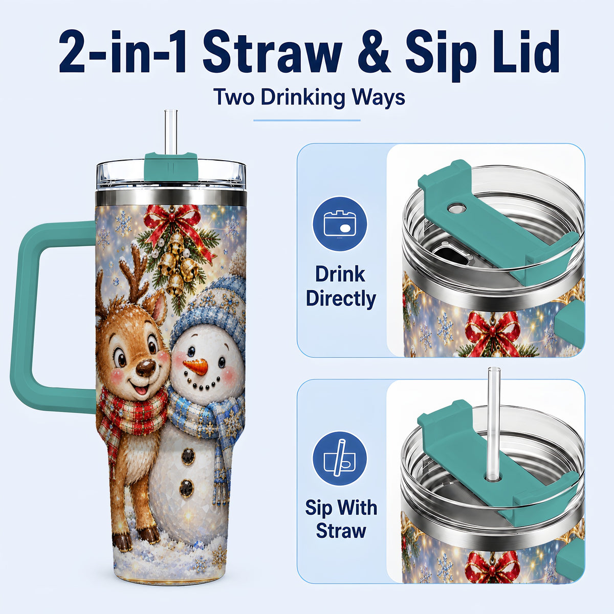#pl[40oz|Green] Reindeer Snowman 40oz Tumbler with Handle, Winter Stainless Steel Cup