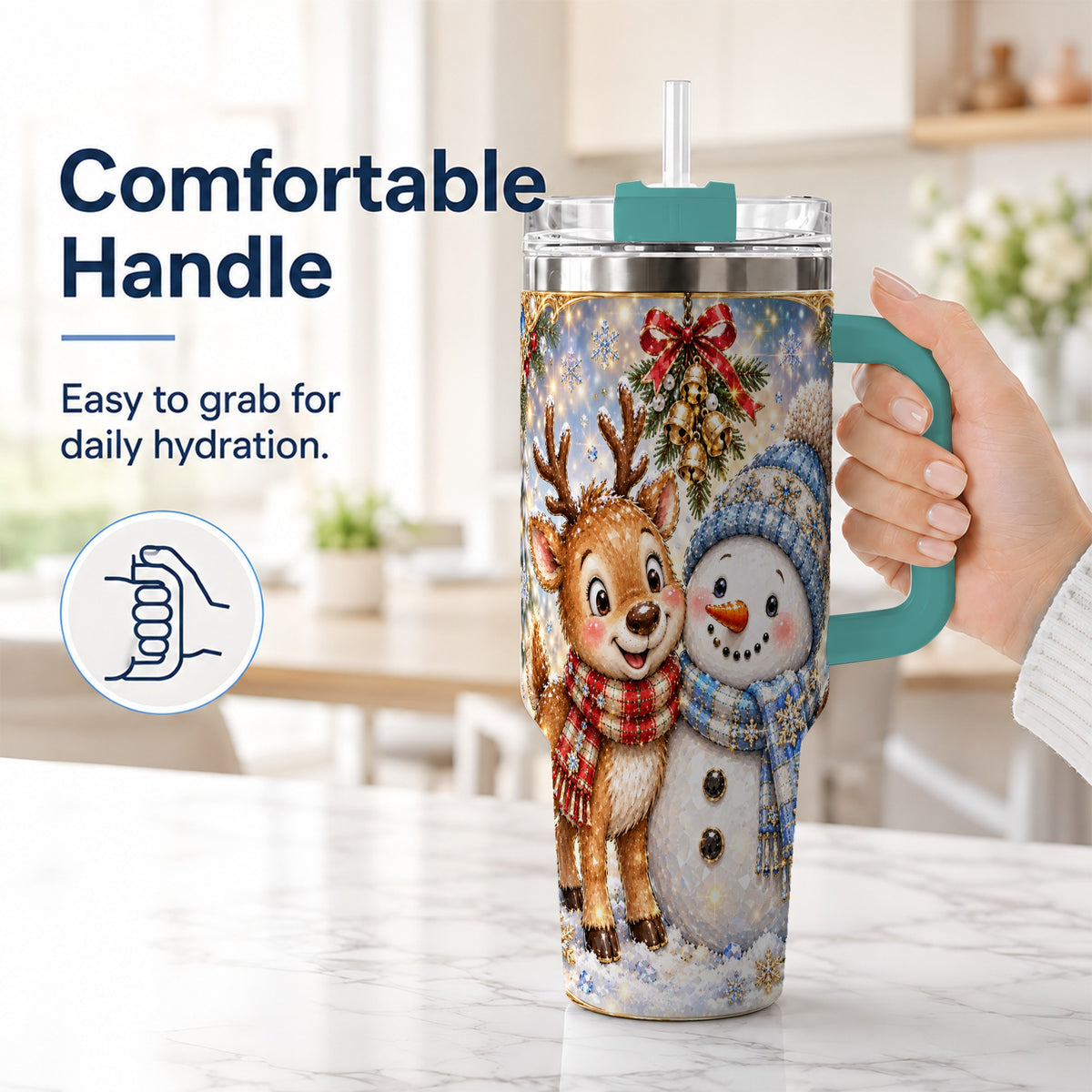 #pl[40oz|Green] Reindeer Snowman 40oz Tumbler with Handle, Winter Stainless Steel Cup