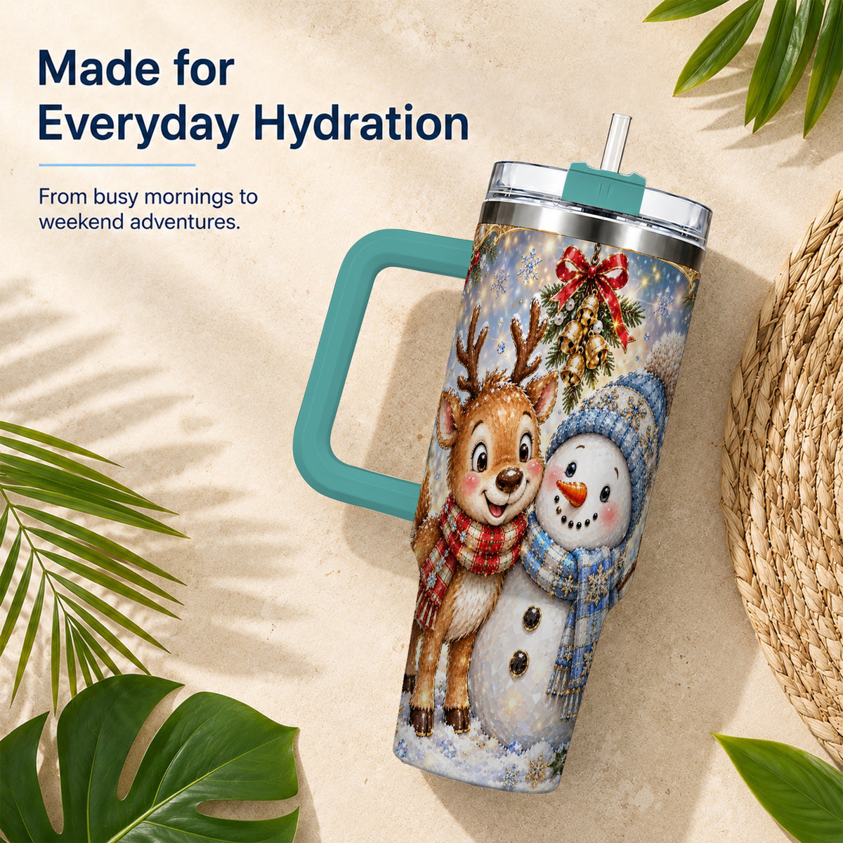 #pl[40oz|Green] Reindeer Snowman 40oz Tumbler with Handle, Winter Stainless Steel Cup