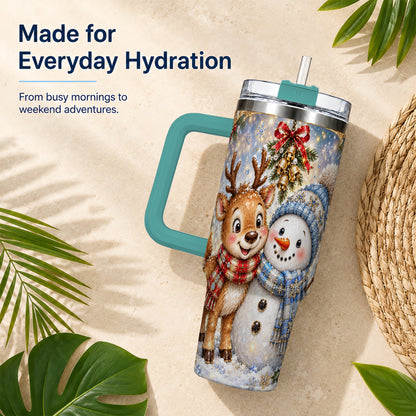 #pl[40oz|Green] Reindeer Snowman 40oz Tumbler with Handle, Winter Stainless Steel Cup