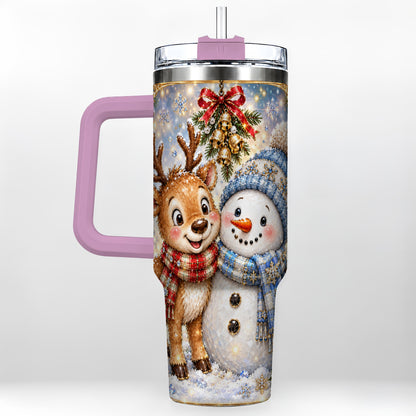 #pl[40oz|Pink] Reindeer Snowman 40oz Tumbler with Handle, Winter Stainless Steel Cup