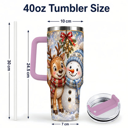 #pl[40oz|Pink] Reindeer Snowman 40oz Tumbler with Handle, Winter Stainless Steel Cup