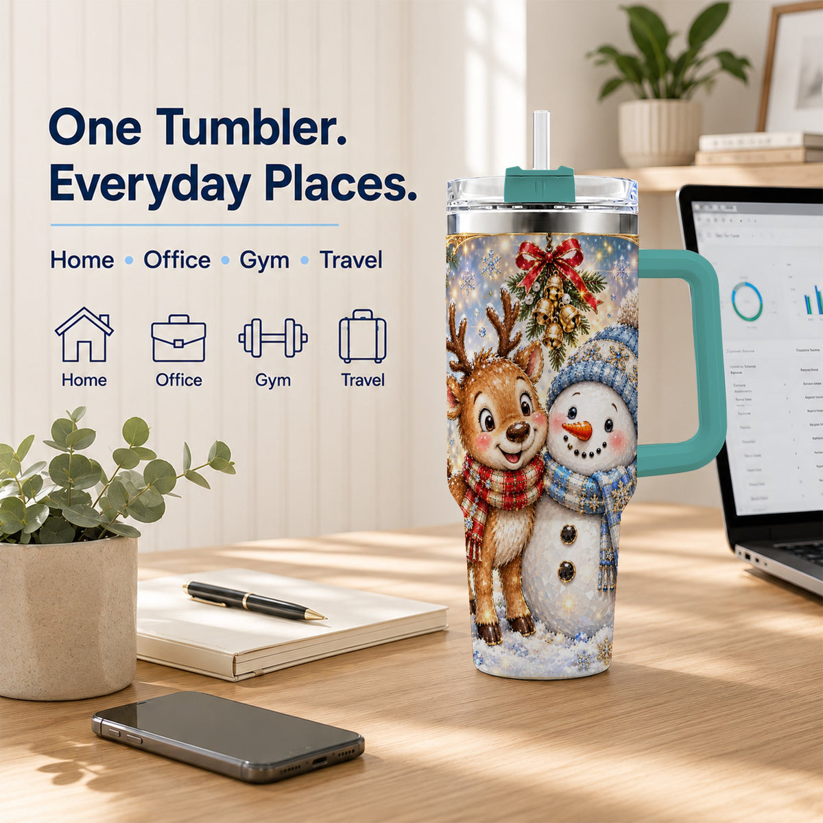#pl[40oz|Green] Reindeer Snowman 40oz Tumbler with Handle, Winter Stainless Steel Cup