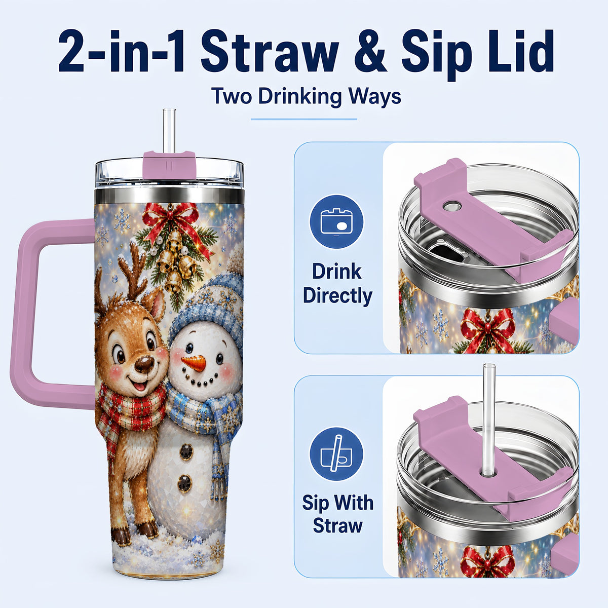 #pl[40oz|Pink] Reindeer Snowman 40oz Tumbler with Handle, Winter Stainless Steel Cup