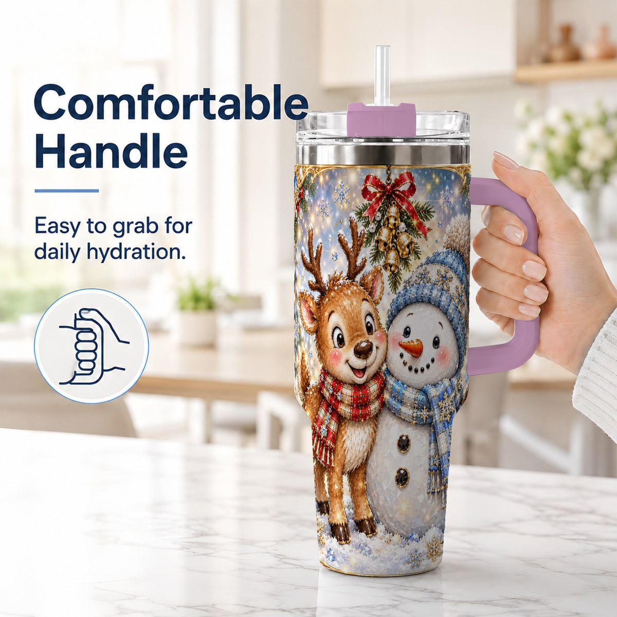 #pl[40oz|Pink] Reindeer Snowman 40oz Tumbler with Handle, Winter Stainless Steel Cup
