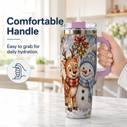 #pl[40oz|Pink] Reindeer Snowman 40oz Tumbler with Handle, Winter Stainless Steel Cup