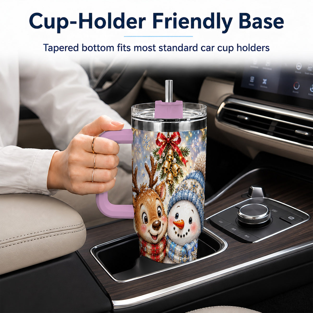 #pl[40oz|Pink] Reindeer Snowman 40oz Tumbler with Handle, Winter Stainless Steel Cup