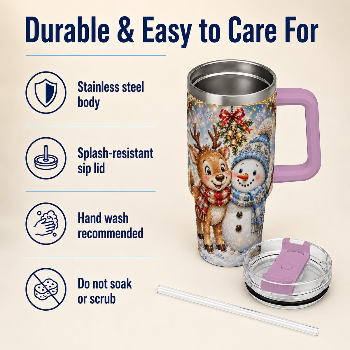 #pl[40oz|Pink] Reindeer Snowman 40oz Tumbler with Handle, Winter Stainless Steel Cup