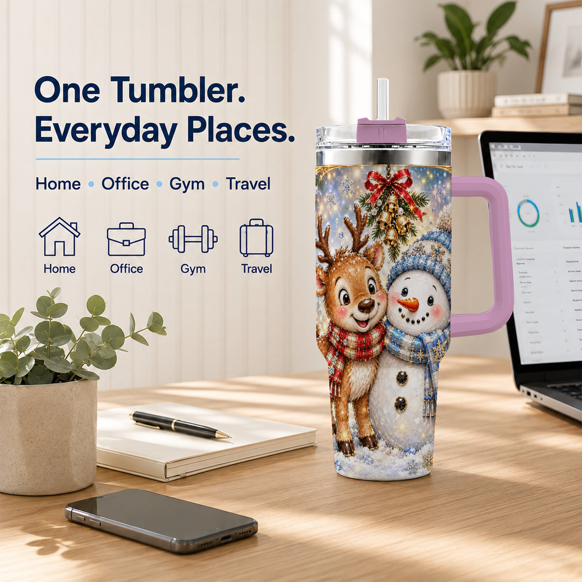 #pl[40oz|Pink] Reindeer Snowman 40oz Tumbler with Handle, Winter Stainless Steel Cup