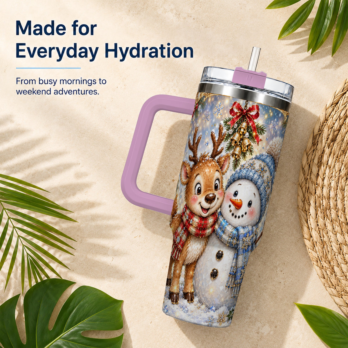 #pl[40oz|Pink] Reindeer Snowman 40oz Tumbler with Handle, Winter Stainless Steel Cup
