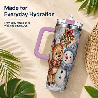 #pl[40oz|Pink] Reindeer Snowman 40oz Tumbler with Handle, Winter Stainless Steel Cup