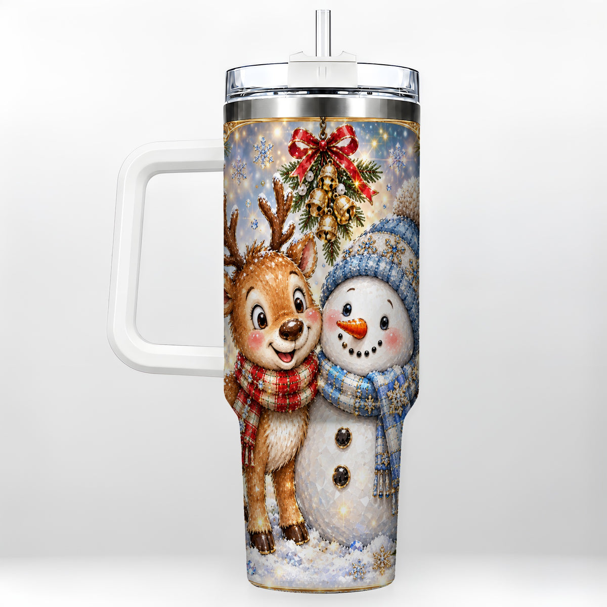 Reindeer Snowman 40oz Tumbler with Handle, Winter Stainless Steel Cup