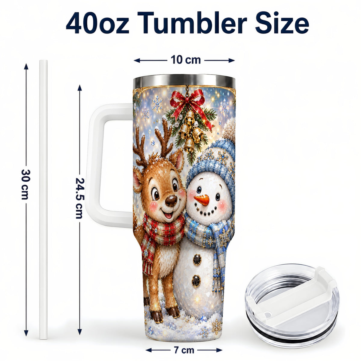 #pl[40oz|White] Reindeer Snowman 40oz Tumbler with Handle, Winter Stainless Steel Cup
