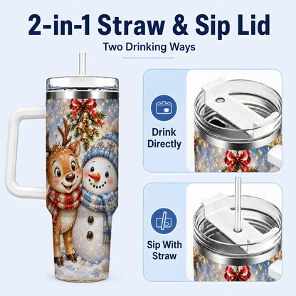#pl[40oz|White] Reindeer Snowman 40oz Tumbler with Handle, Winter Stainless Steel Cup
