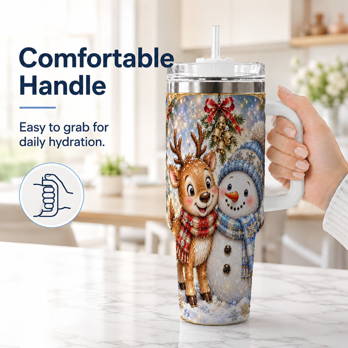 #pl[40oz|White] Reindeer Snowman 40oz Tumbler with Handle, Winter Stainless Steel Cup