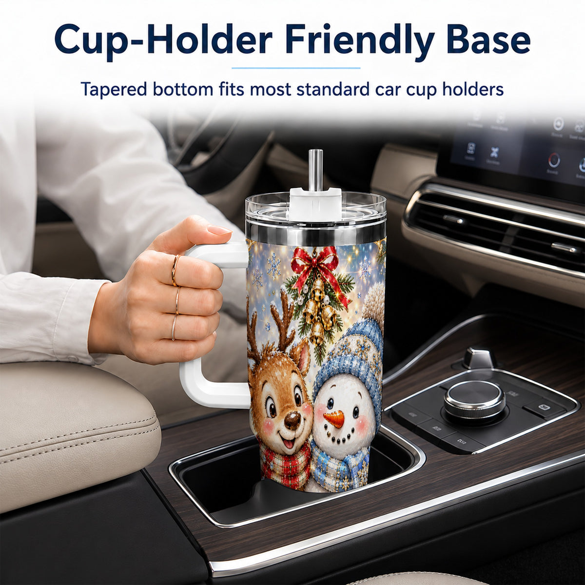 #pl[40oz|White] Reindeer Snowman 40oz Tumbler with Handle, Winter Stainless Steel Cup