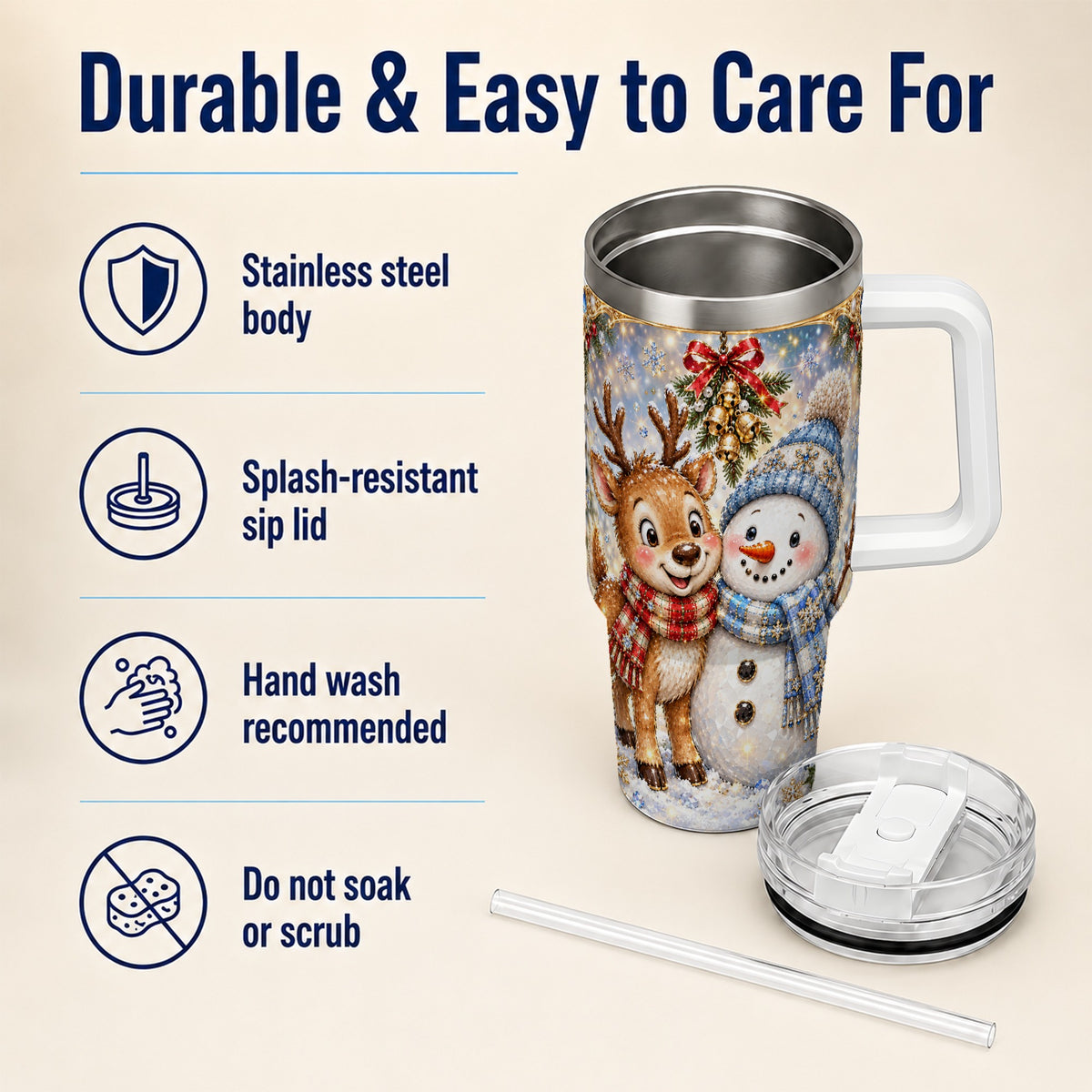 #pl[40oz|White] Reindeer Snowman 40oz Tumbler with Handle, Winter Stainless Steel Cup