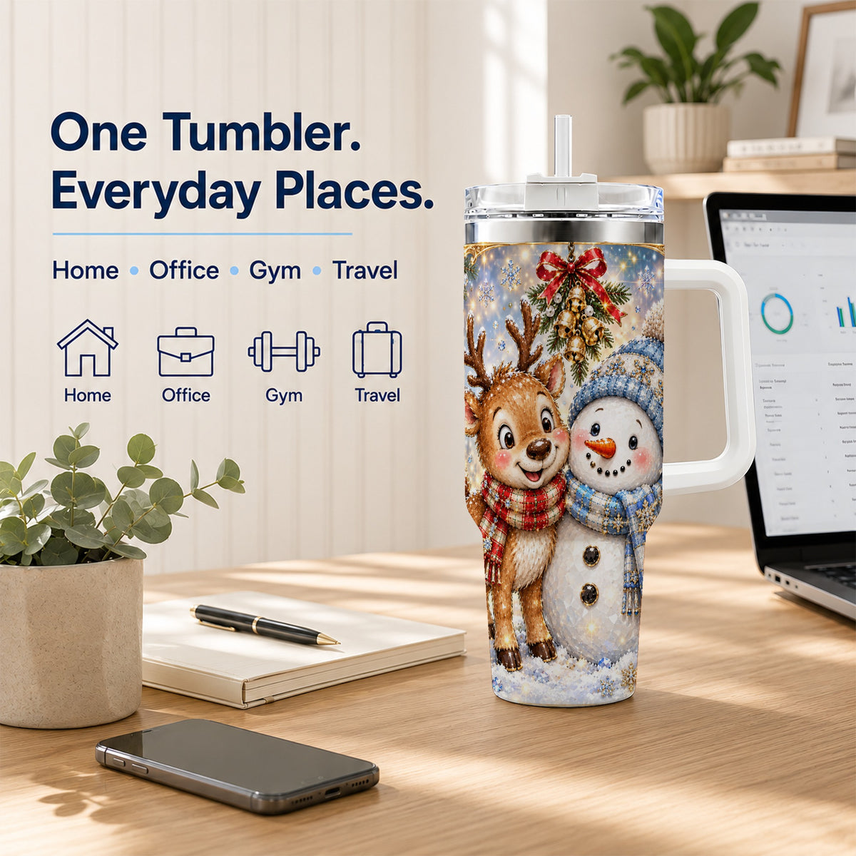 #pl[40oz|White] Reindeer Snowman 40oz Tumbler with Handle, Winter Stainless Steel Cup