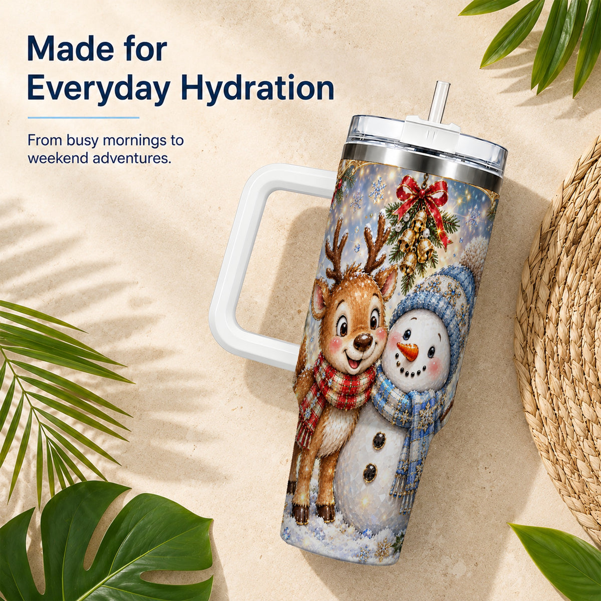 #pl[40oz|White] Reindeer Snowman 40oz Tumbler with Handle, Winter Stainless Steel Cup