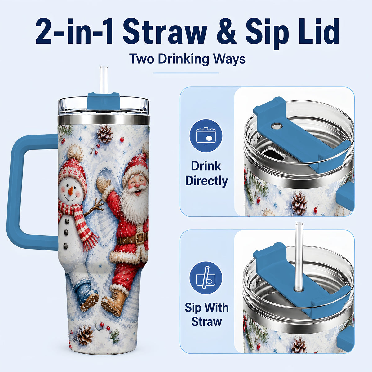 #pl[40oz|Blue] Santa Snowman 40oz Tumbler with Handle, Winter Stainless Steel Cup