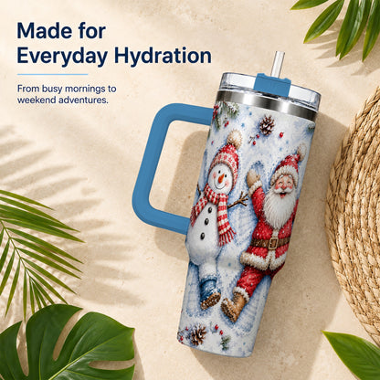 #pl[40oz|Blue] Santa Snowman 40oz Tumbler with Handle, Winter Stainless Steel Cup