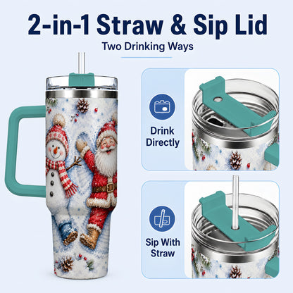 #pl[40oz|Green] Santa Snowman 40oz Tumbler with Handle, Winter Stainless Steel Cup
