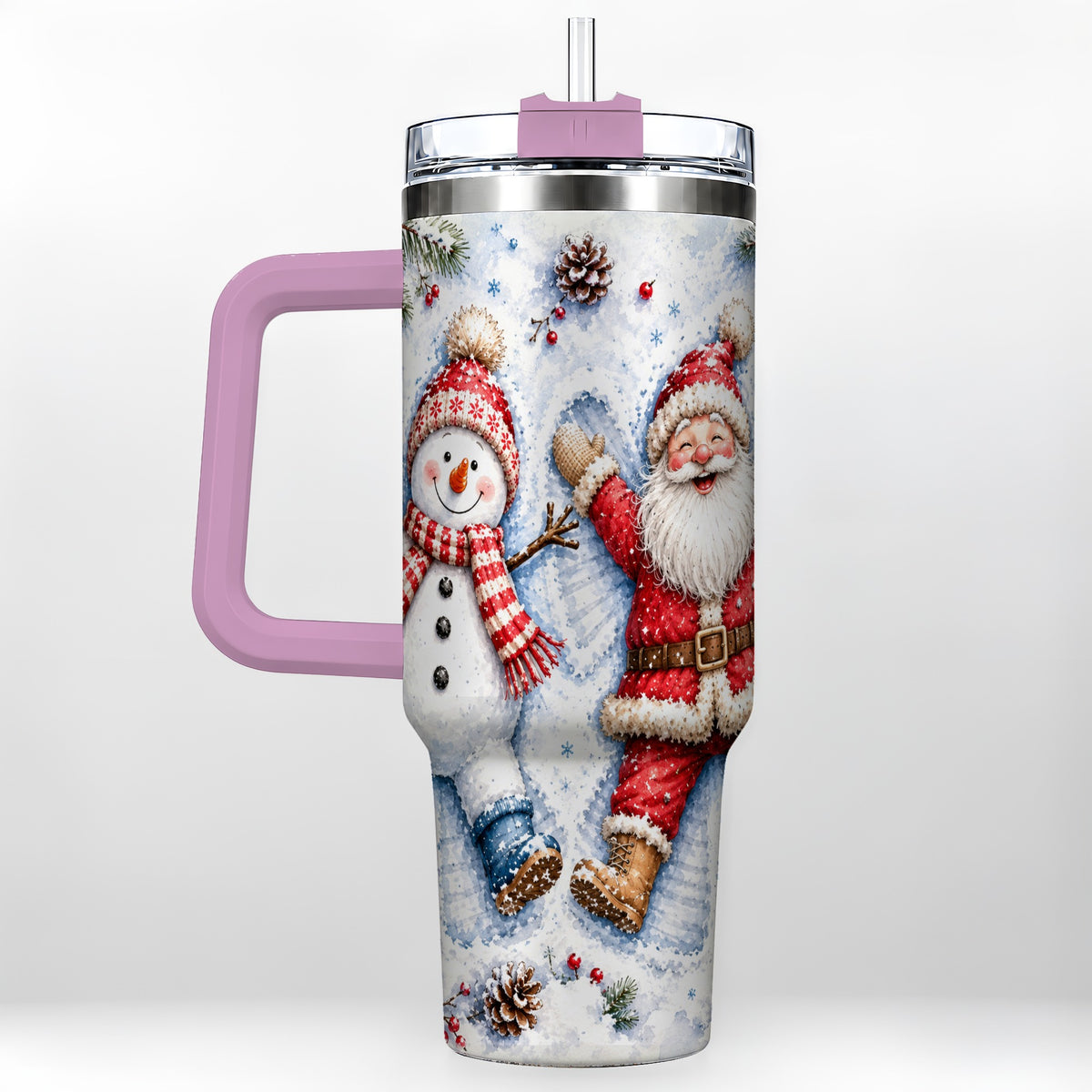 #pl[40oz|Pink] Santa Snowman 40oz Tumbler with Handle, Winter Stainless Steel Cup