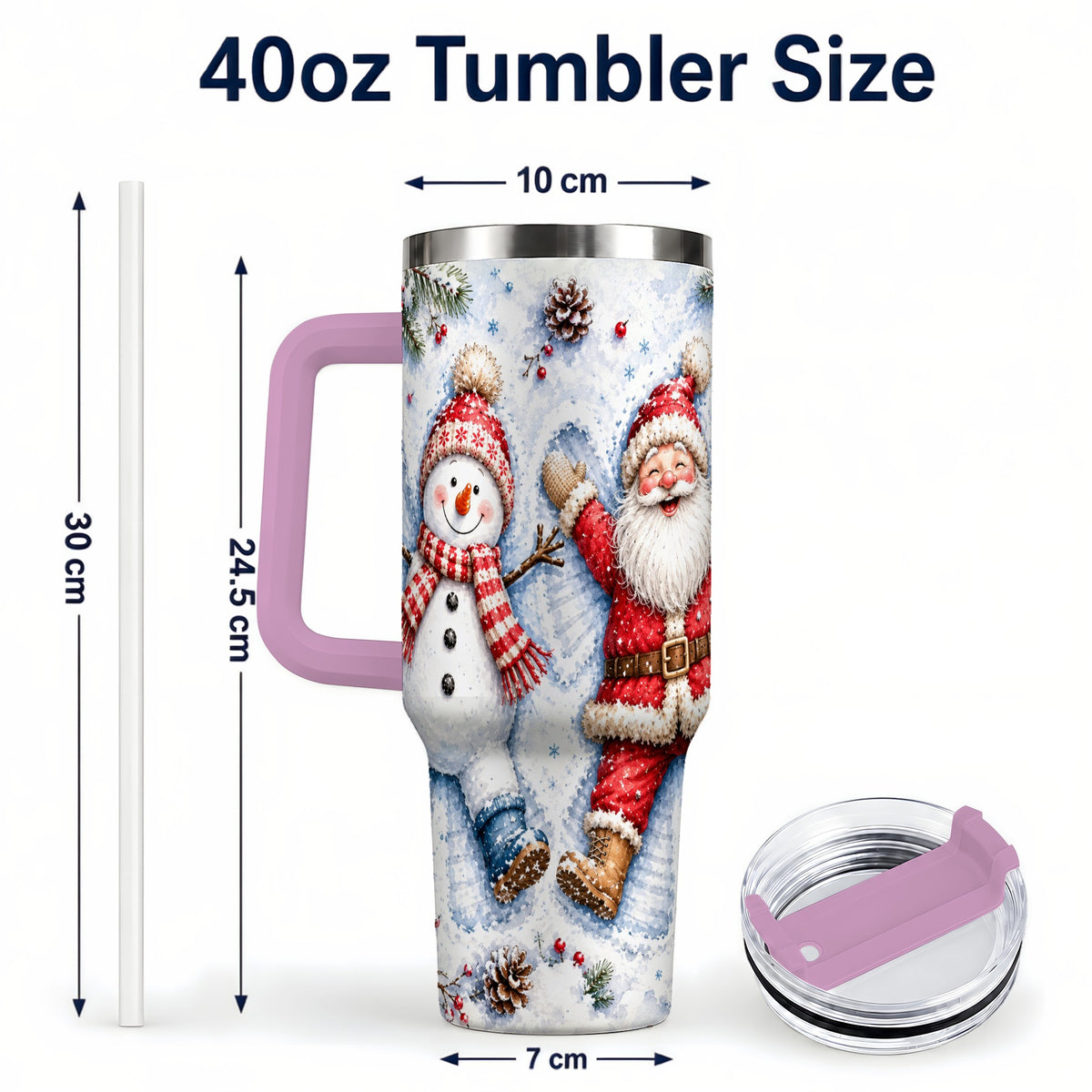 #pl[40oz|Pink] Santa Snowman 40oz Tumbler with Handle, Winter Stainless Steel Cup