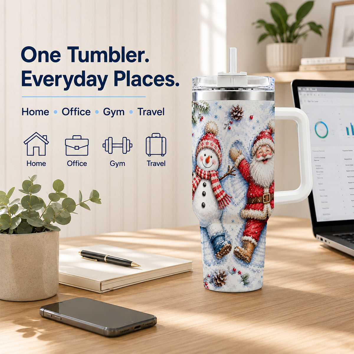 #pl[40oz|White] Santa Snowman 40oz Tumbler with Handle, Winter Stainless Steel Cup
