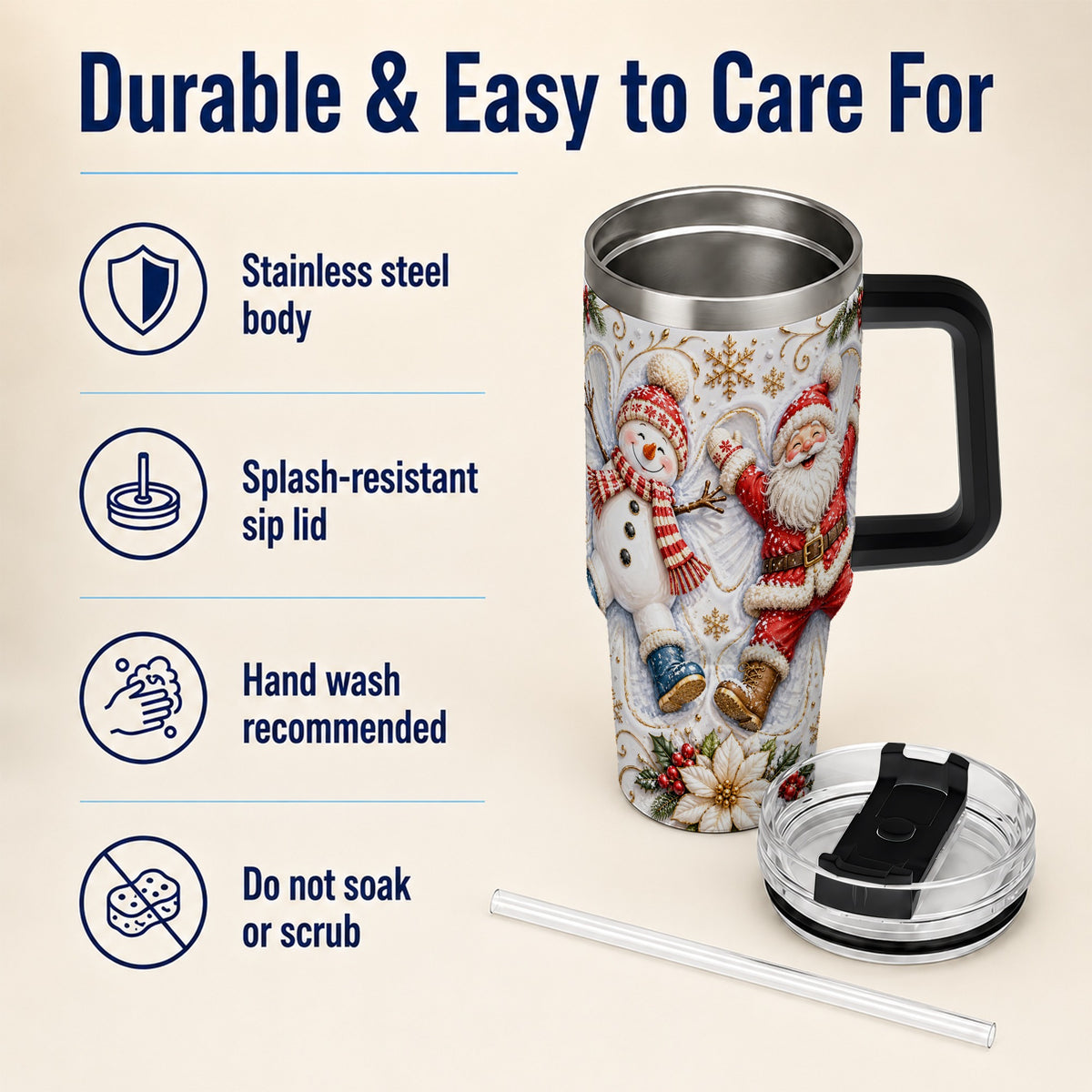 #pl[40oz|Black] Santa Snowman 40oz Tumbler with Handle, Winter Stainless Steel Cup
