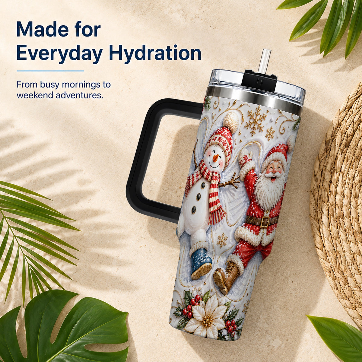 #pl[40oz|Black] Santa Snowman 40oz Tumbler with Handle, Winter Stainless Steel Cup