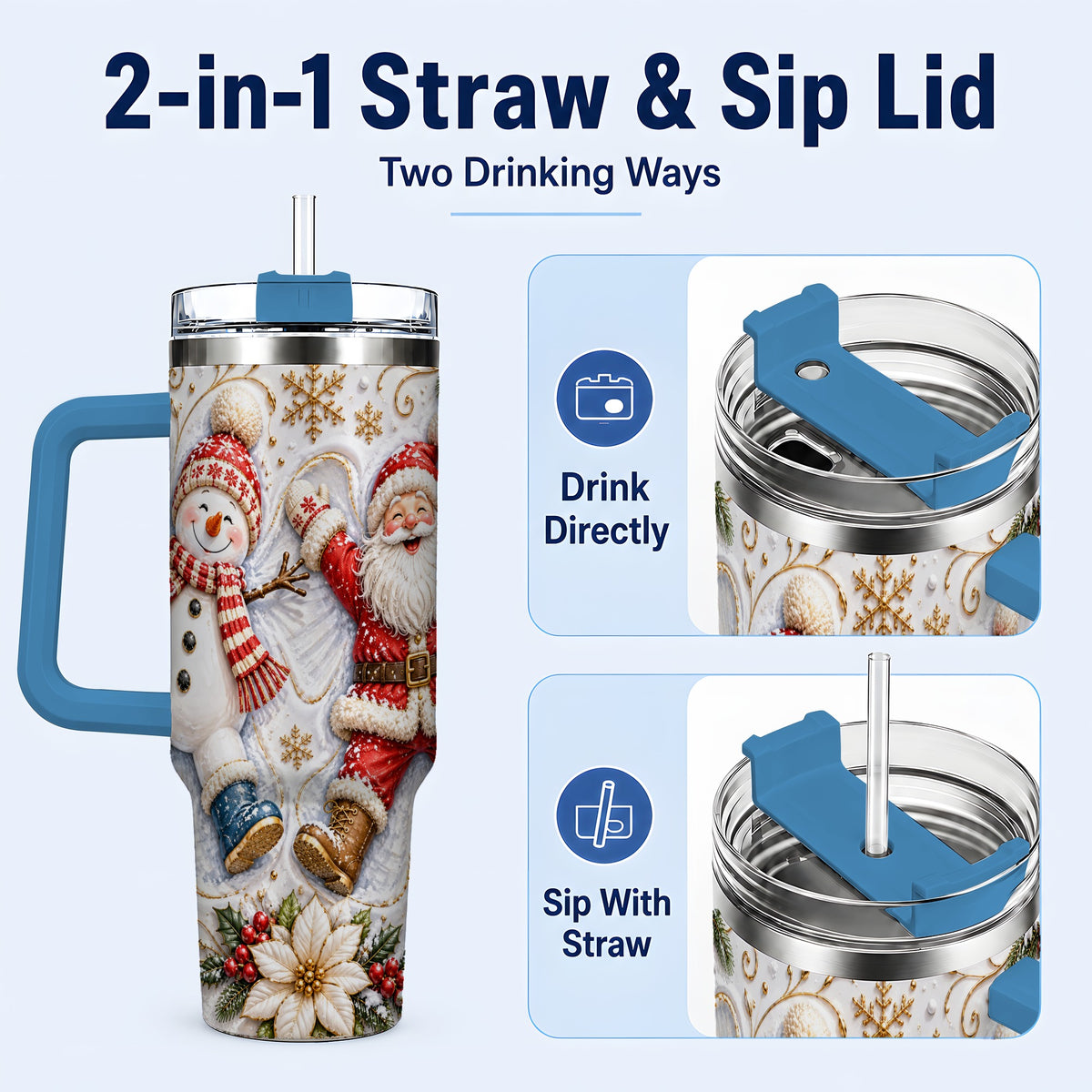 #pl[40oz|Blue] Santa Snowman 40oz Tumbler with Handle, Winter Stainless Steel Cup