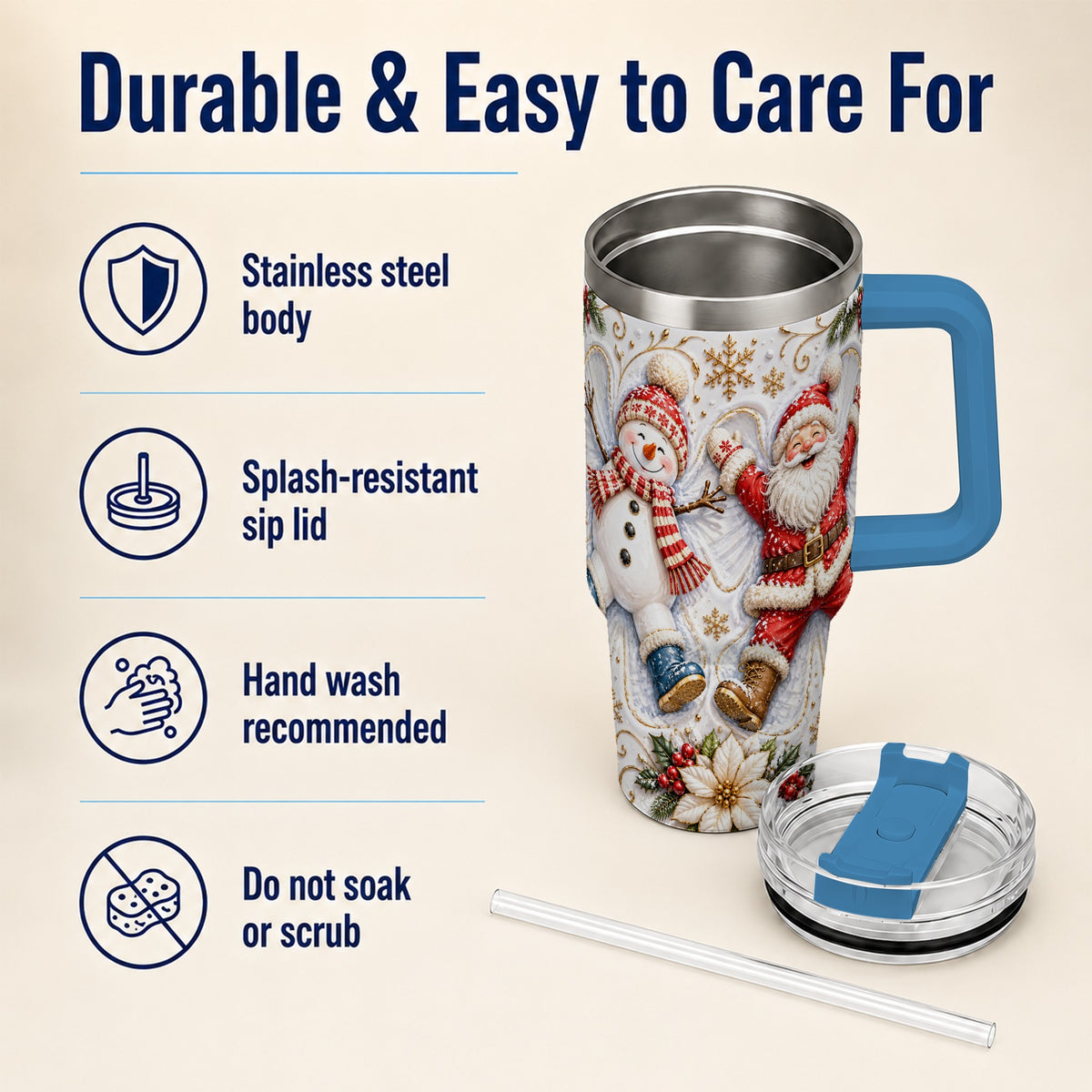 #pl[40oz|Blue] Santa Snowman 40oz Tumbler with Handle, Winter Stainless Steel Cup