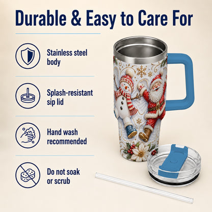 #pl[40oz|Blue] Santa Snowman 40oz Tumbler with Handle, Winter Stainless Steel Cup