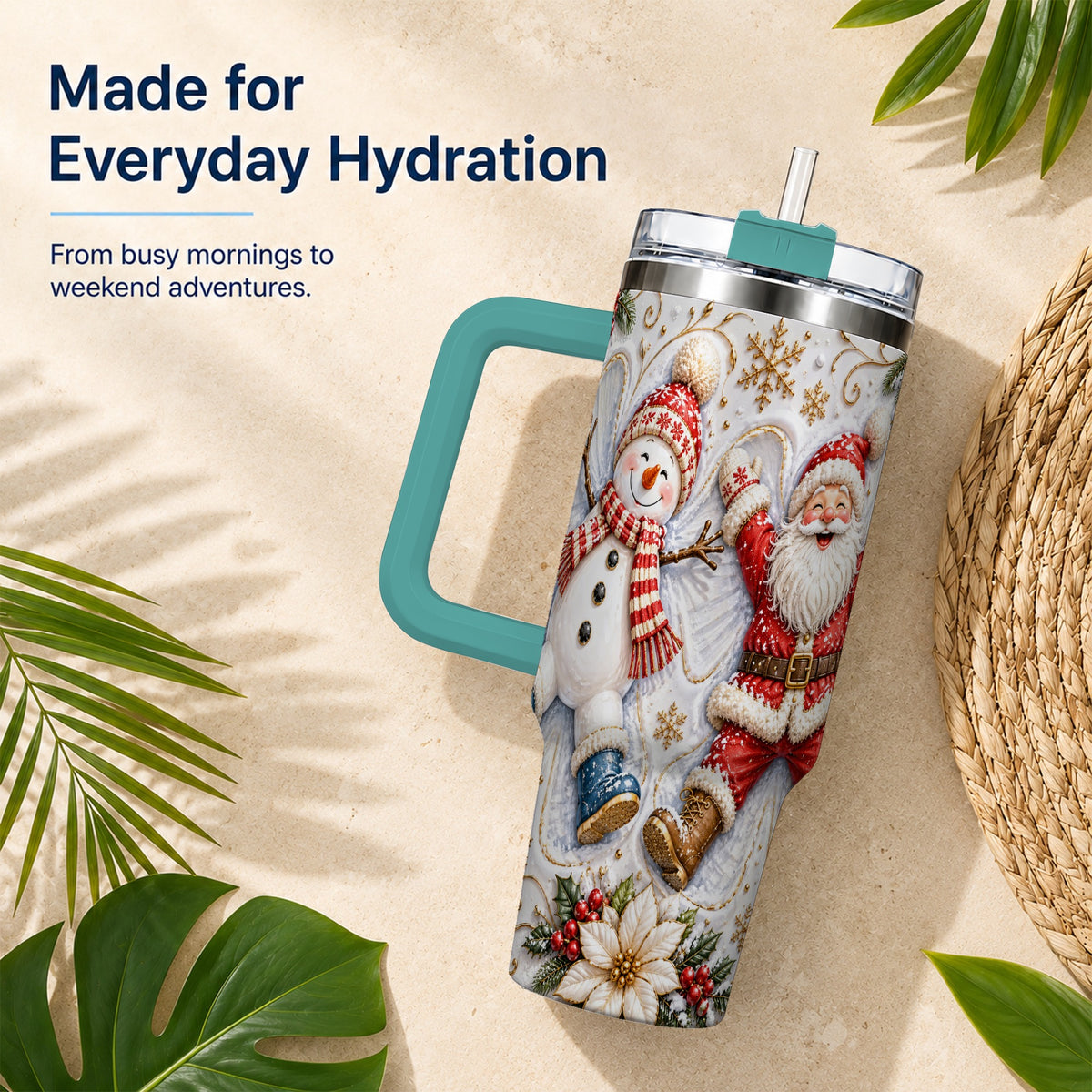 #pl[40oz|Green] Santa Snowman 40oz Tumbler with Handle, Winter Stainless Steel Cup