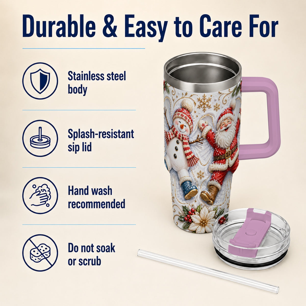 #pl[40oz|Pink] Santa Snowman 40oz Tumbler with Handle, Winter Stainless Steel Cup