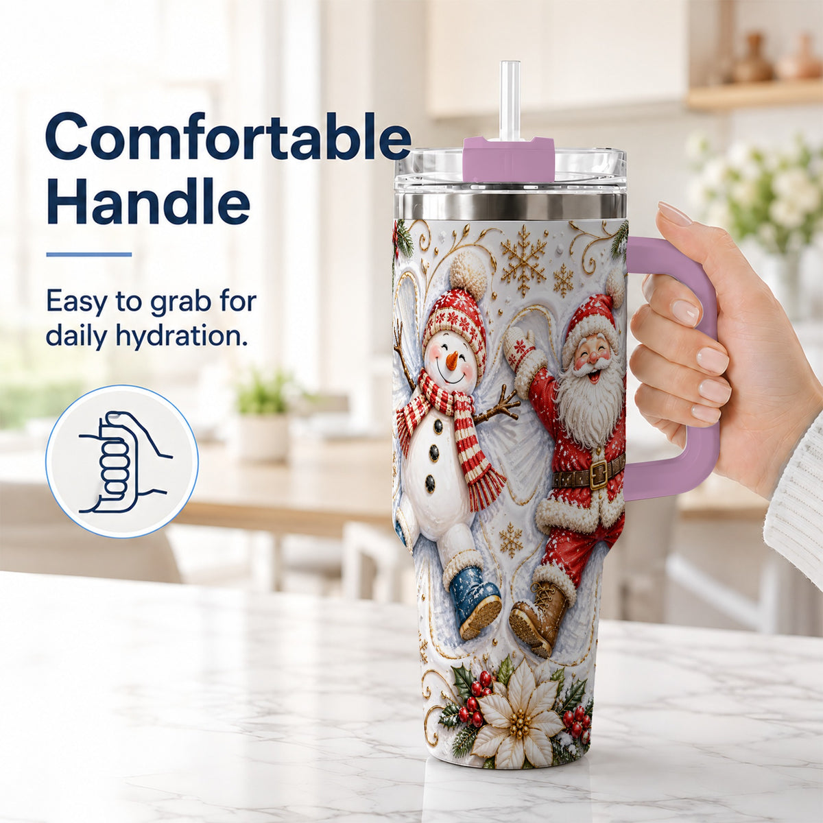 #pl[40oz|Pink] Santa Snowman 40oz Tumbler with Handle, Winter Stainless Steel Cup