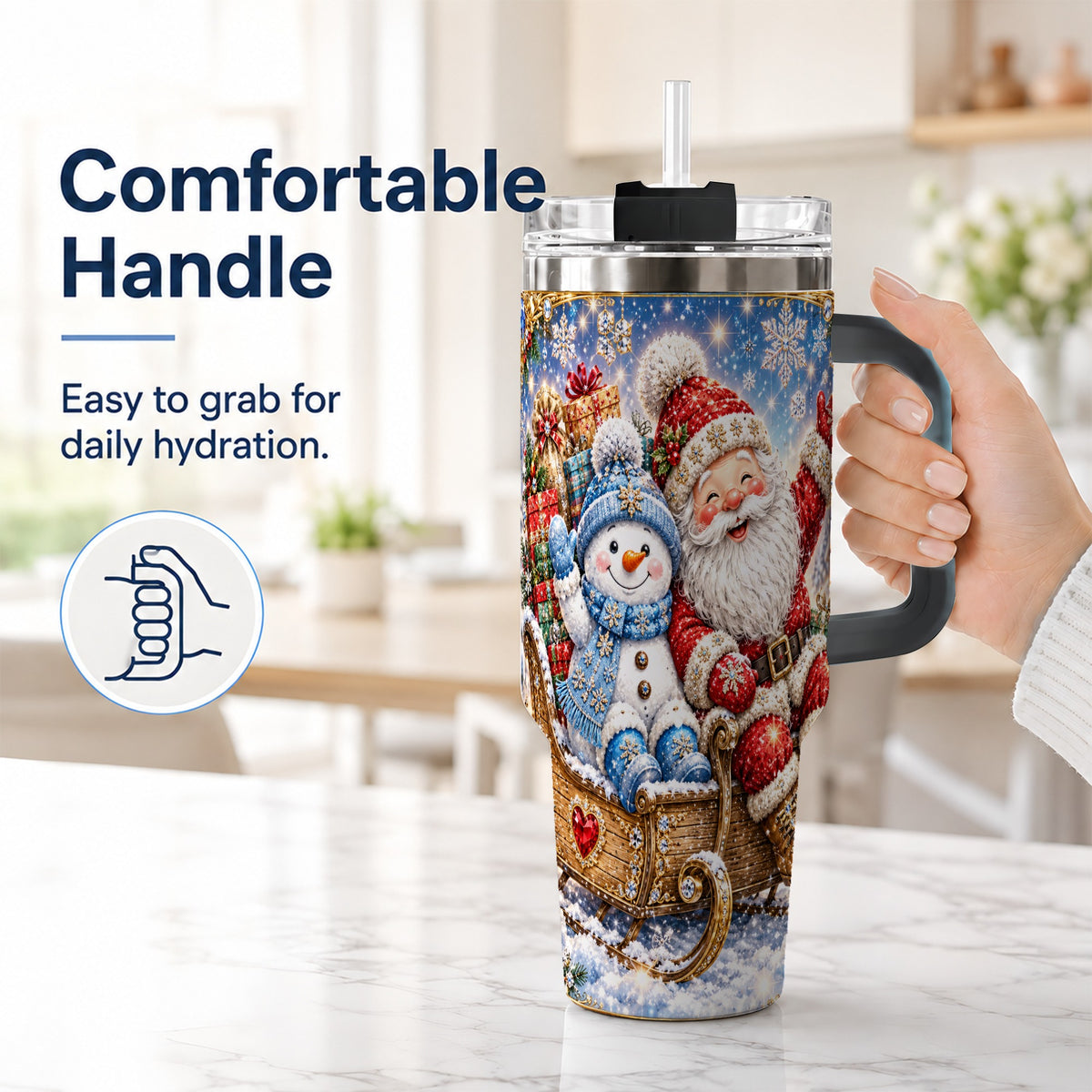 #pl[40oz|Black] Santa Snowman 40oz Tumbler with Handle, Sleigh Ride Stainless Steel Cup