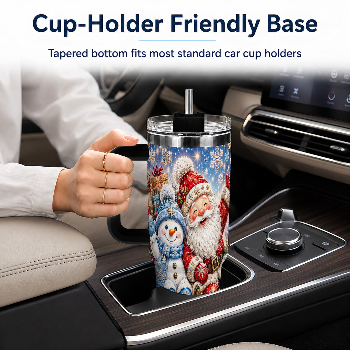 #pl[40oz|Black] Santa Snowman 40oz Tumbler with Handle, Sleigh Ride Stainless Steel Cup