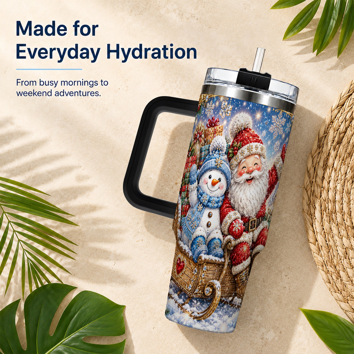 #pl[40oz|Black] Santa Snowman 40oz Tumbler with Handle, Sleigh Ride Stainless Steel Cup