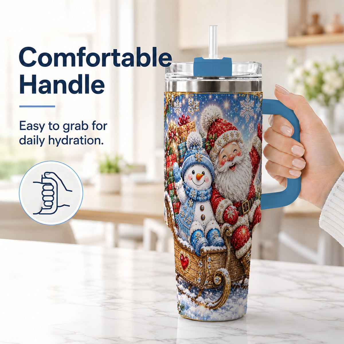 #pl[40oz|Blue] Santa Snowman 40oz Tumbler with Handle, Sleigh Ride Stainless Steel Cup