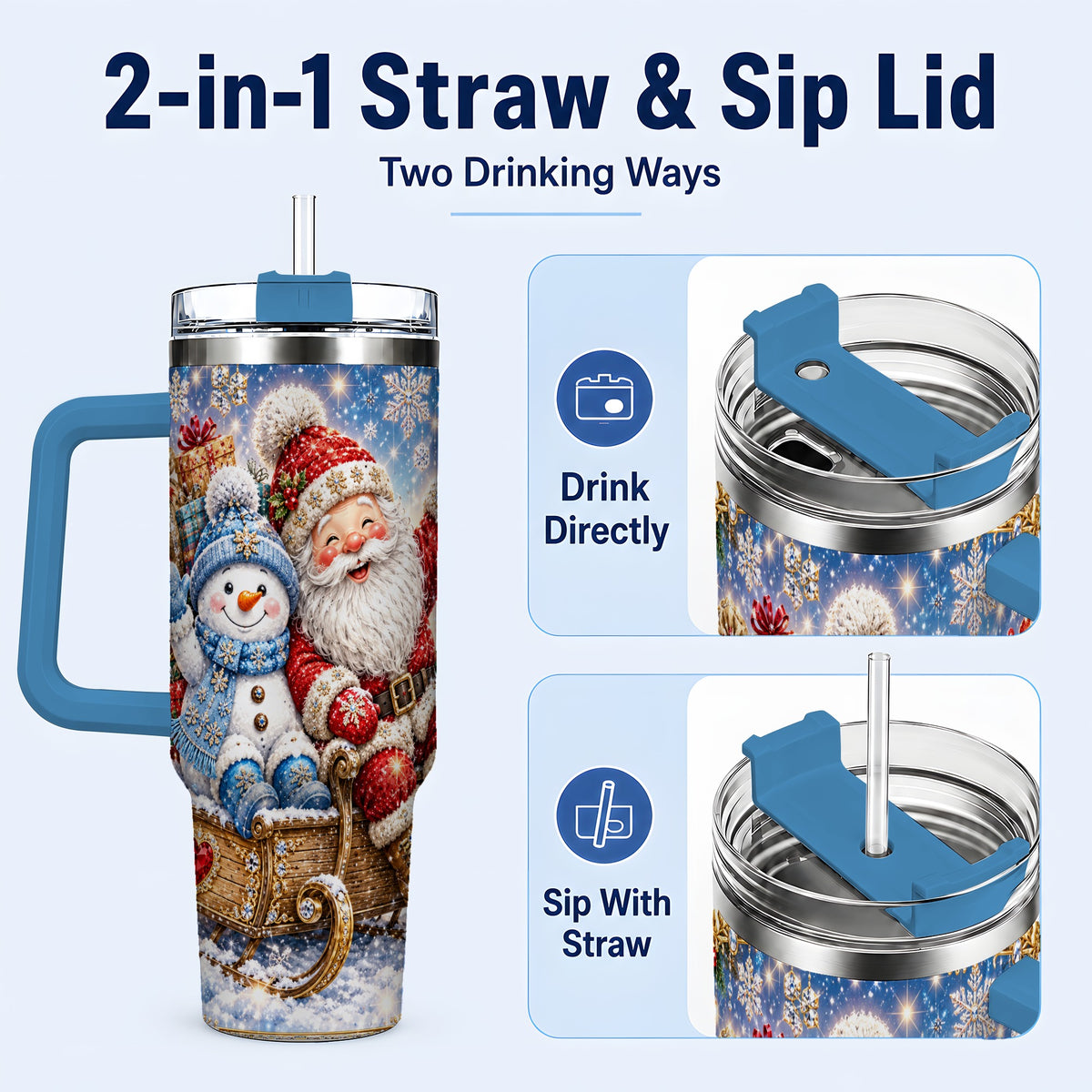 #pl[40oz|Blue] Santa Snowman 40oz Tumbler with Handle, Sleigh Ride Stainless Steel Cup
