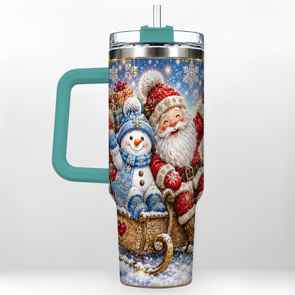 #pl[40oz|Green] Santa Snowman 40oz Tumbler with Handle, Sleigh Ride Stainless Steel Cup
