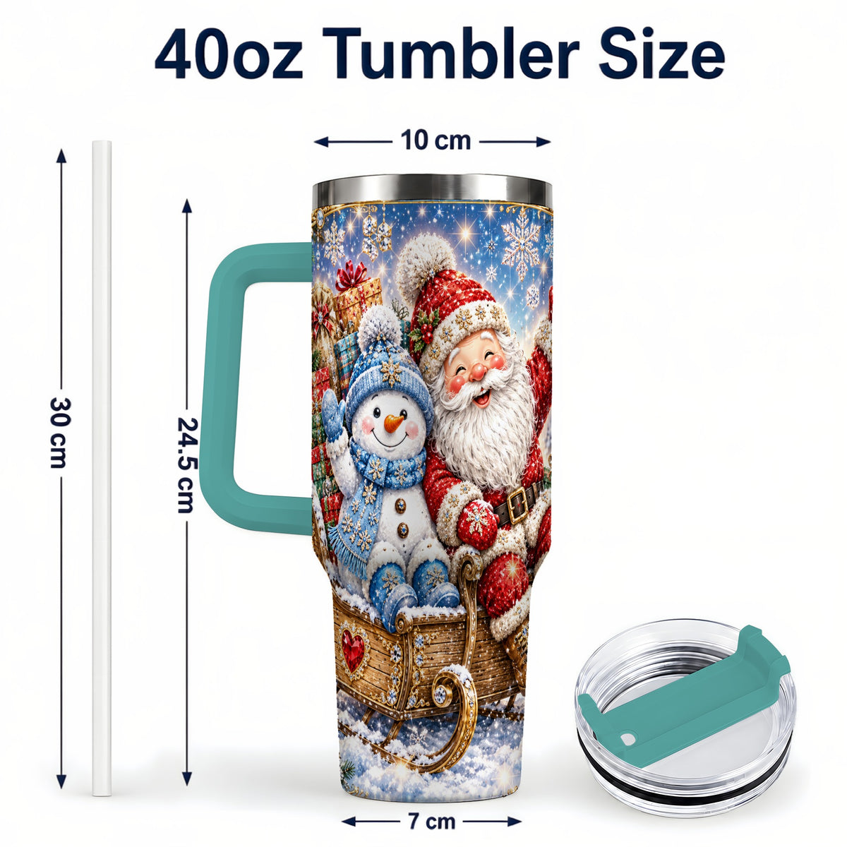 #pl[40oz|Green] Santa Snowman 40oz Tumbler with Handle, Sleigh Ride Stainless Steel Cup