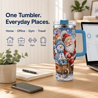 #pl[40oz|Blue] Santa Snowman 40oz Tumbler with Handle, Sleigh Ride Stainless Steel Cup