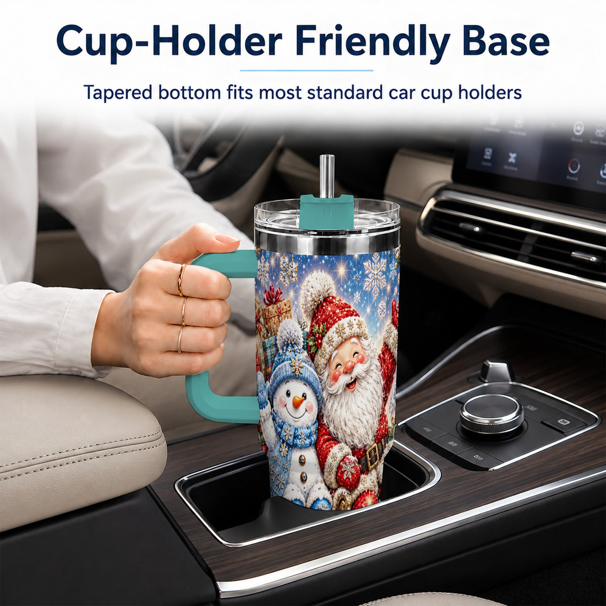 #pl[40oz|Green] Santa Snowman 40oz Tumbler with Handle, Sleigh Ride Stainless Steel Cup