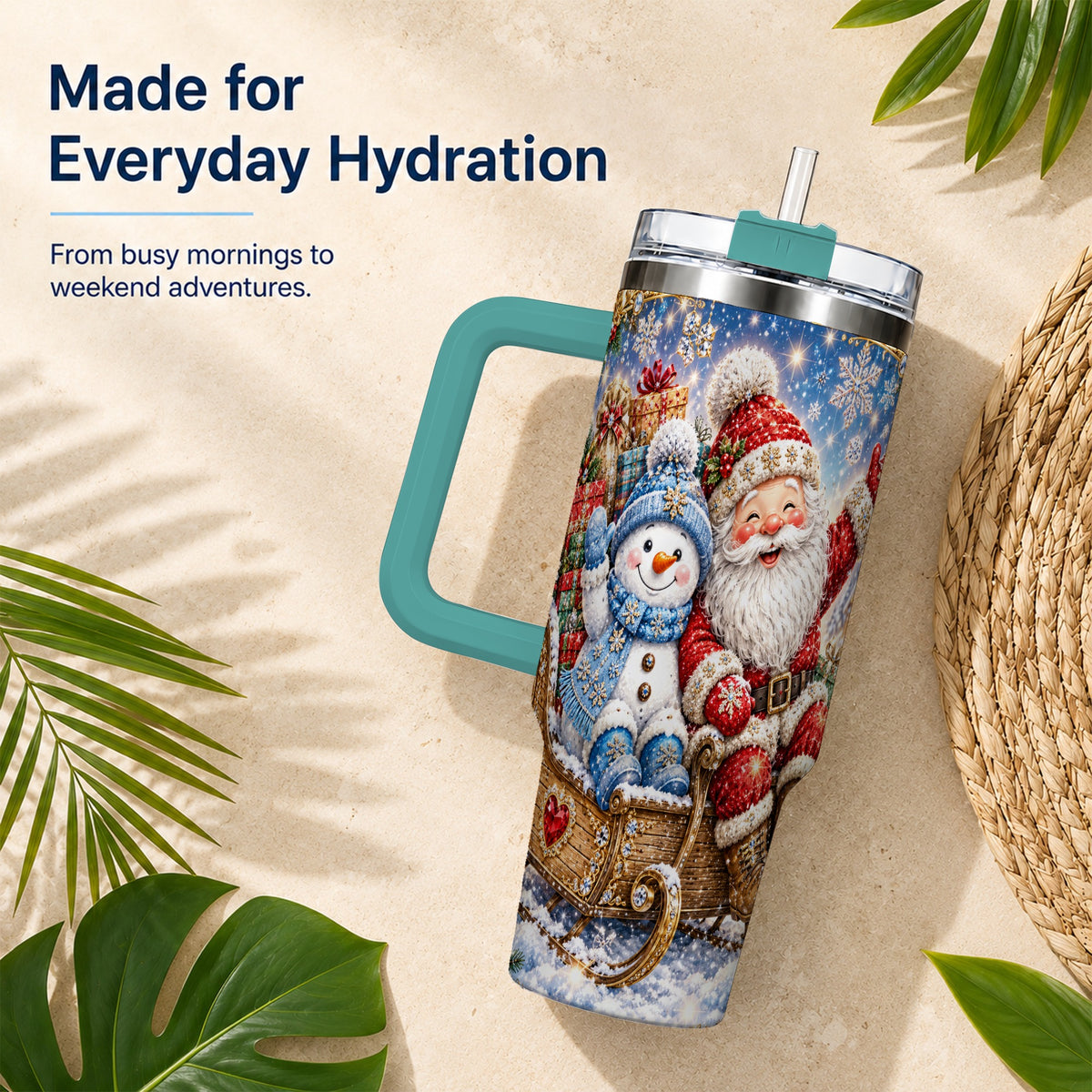 #pl[40oz|Green] Santa Snowman 40oz Tumbler with Handle, Sleigh Ride Stainless Steel Cup