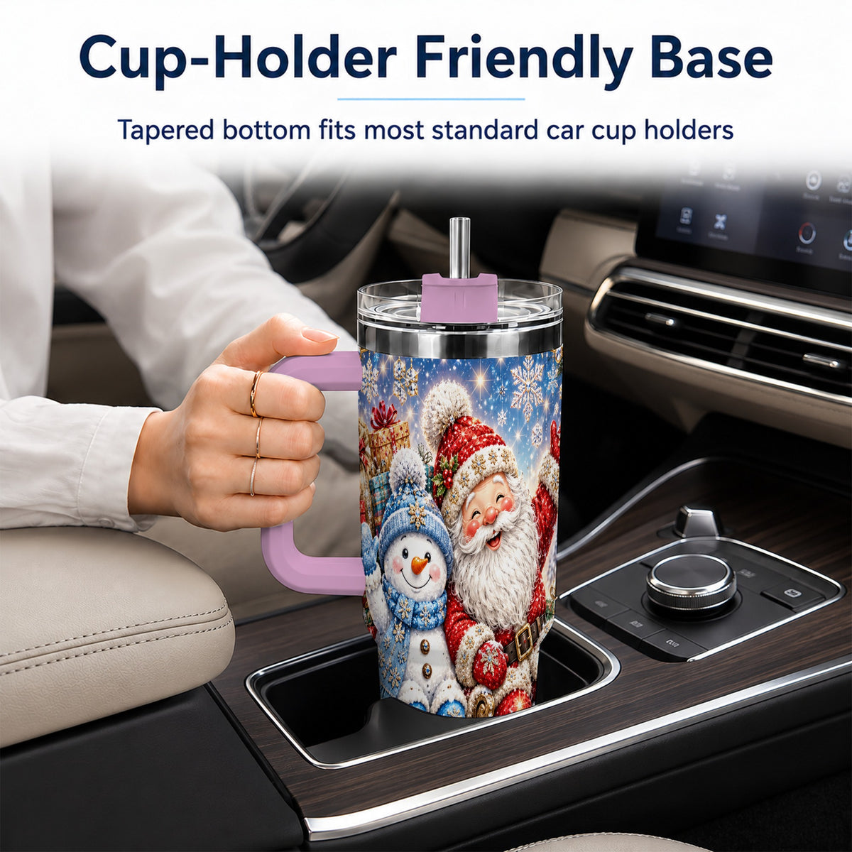 #pl[40oz|Pink] Santa Snowman 40oz Tumbler with Handle, Sleigh Ride Stainless Steel Cup